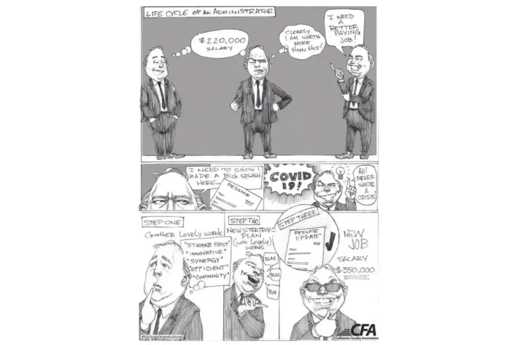 Black and white comic strip with balding administrator man in a suit using the pandemic crisis, hollow platitudes, and a new strategic plan to get a massive pay raise.