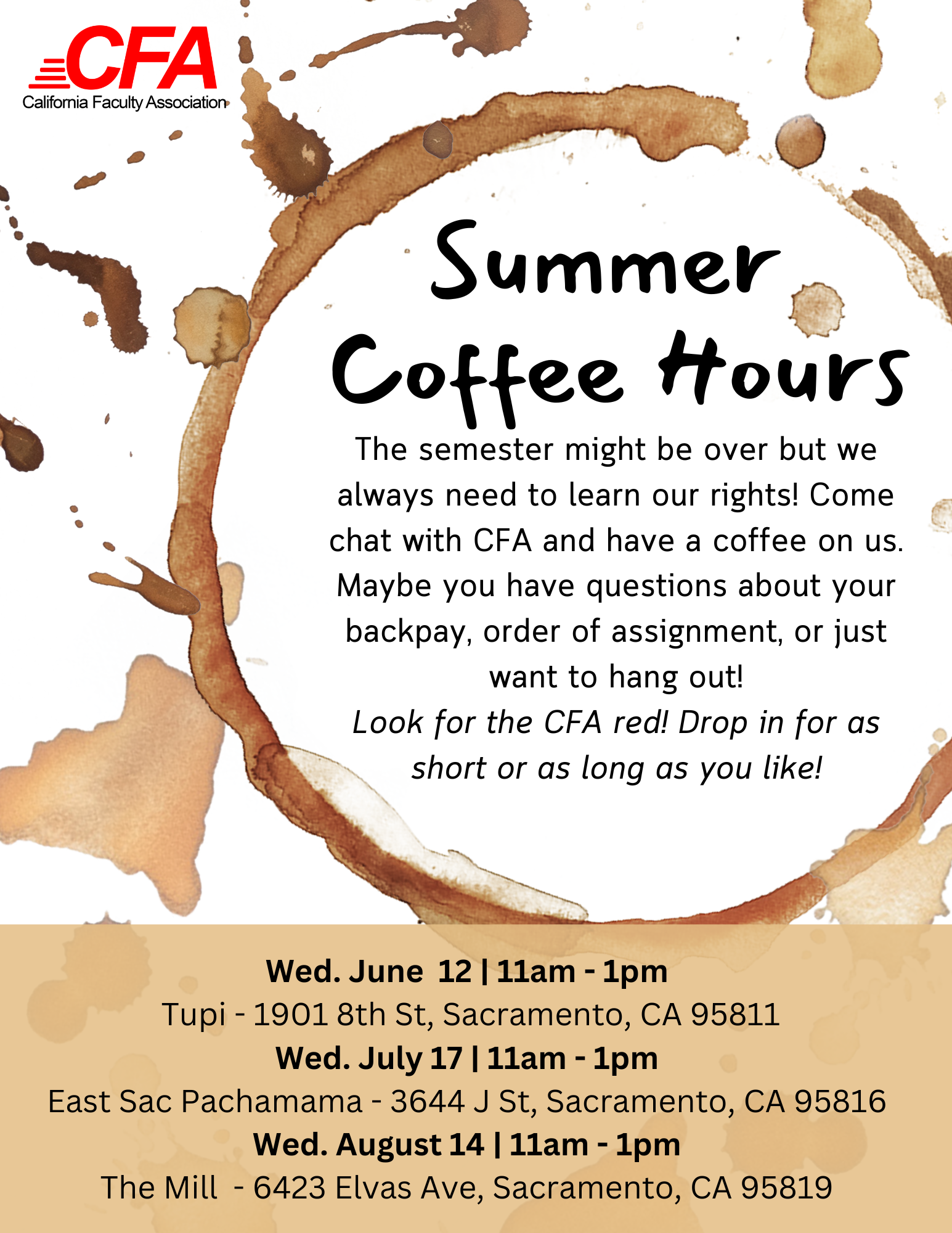White flier with CFA Sacramento logo and coffee stains on the page. It reads: Summer Coffee Hours, The semester might be over but we always need to learn our rights! Come chat with CFA and have a coffee on us. Maybe you have questions about your backpay, order of assignment, or just want to hang out! Look for the CFA red! Drop in for as short or as long as you like! Wed. June 12 | 11am - 1pm Tupi - 1901 8th St, Sacramento, CA 95811 Wed. July 17 | 11am - 1pm. East Sac Pachamama - 3644 J St, Sacramento, CA 95816 Wed. August 14 | 11am - 1pm. The Mill - 6423 Elvas Ave, Sacramento, CA 95819.