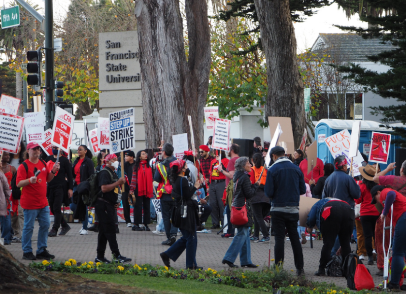 People rallying with signs outdoors