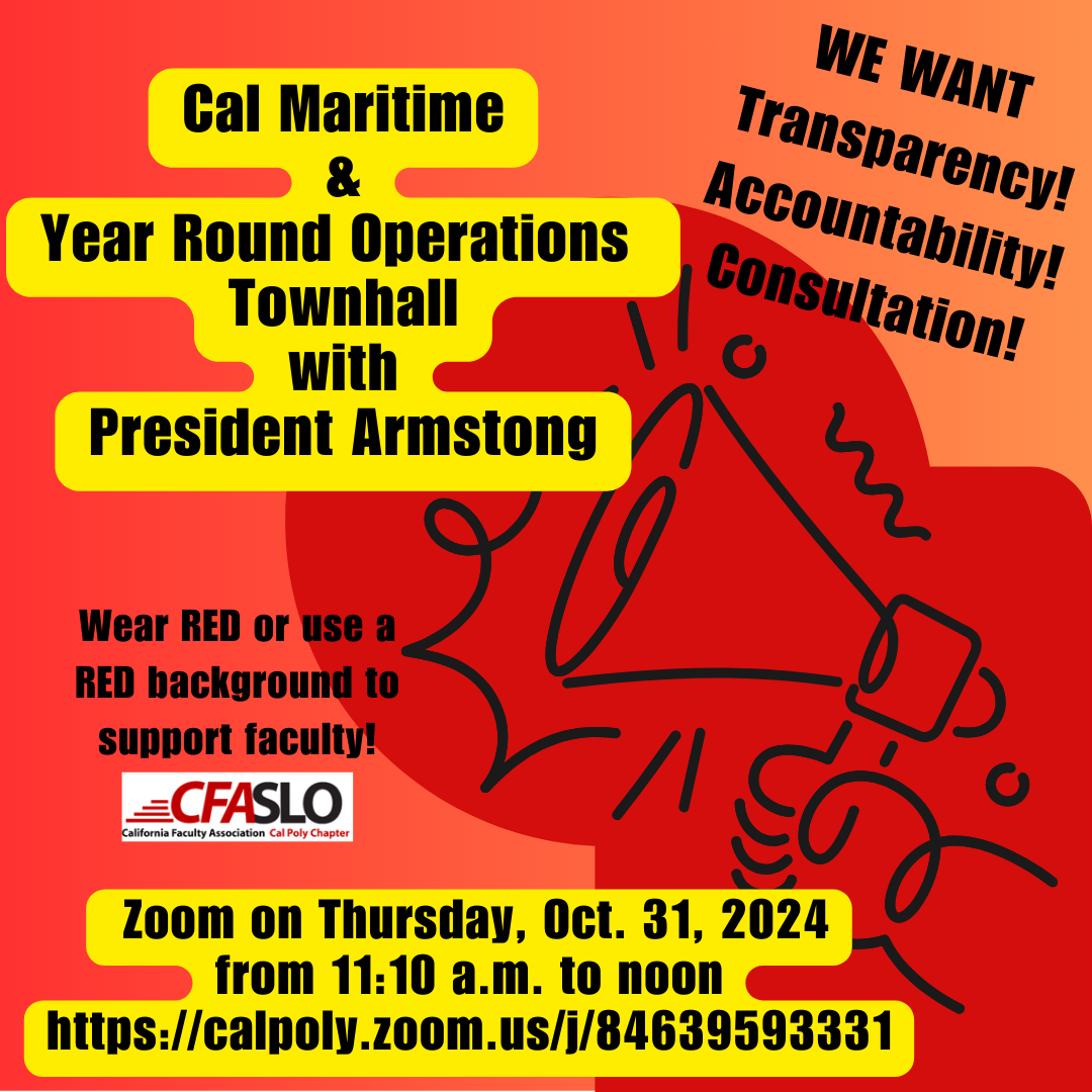 Image of megaphone with words: Cal Maritime & Year Round Operations Townhall with President Armstong We want transparence, accountability, consultation! Wear red or use a red background to support faculty! Zoom on Thursday, Oct. 31, 2024 from 11:10 a.m. to noon https://calpoly.zoom.us/j/84639593331