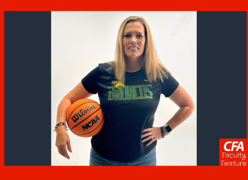 Photo of woman wearing a Broncos shirt and holding basketball.