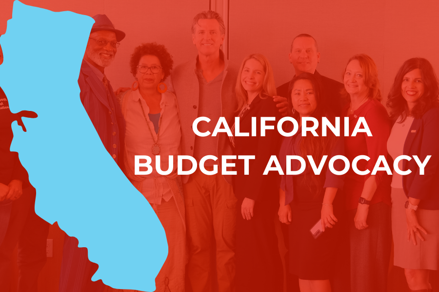 Feature image with CFA members and Gov.Newsom in the background and the map of the state of California with text syaing "California Budget Advocacy"